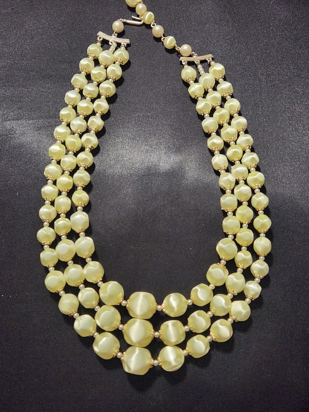 ​Vintage 1950s/1960s Japan 3-Strand Faux Pearl Multi-Faceted Bead Necklace
